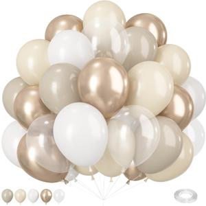 Beige White Gold Balloons, 60PCS Nude Metallic Champagne Gold Cream White Clear Balloon Ivory White Sand Transparent Neutral Balloons for Birthday Boho Wedding Anniversary Engagement Party Decoration