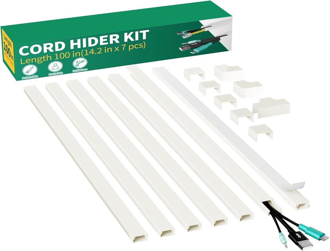 Delamu Cord Hider, 100in Self-Adhesive Cord Cover Kit for Wall Mounted TV, Paintable Wire Hider, Flexible Cable Management System, Cable Raceway Conceals 2-3 Wires, W0.95 H0.55in, Beige