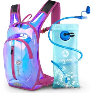 Nepest Hydration Pack Backpack for Women & Men, Lightweight Water Backpack with 2L Water Bladder for Hiking Cycling Running Biking (Holographic - Pink)