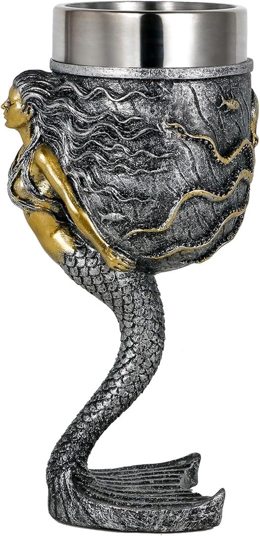 alikiki Fantasy Mermaid Octopus Wine Goblet - Sparkling Silver Tail Chalice Cup - 7oz Stainless Steel Drinking Vessel - Novelty Gothic Gifts for Birthday Men Women Bar Party Drinkware Decorations