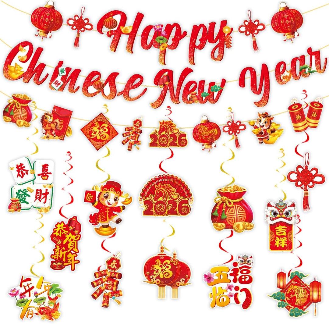 Chinese New Year Decorations 2026,Year of The Horse Red Hanging Swirls Lunar New Year Banners,Spring Festival Party Decorations Supplies