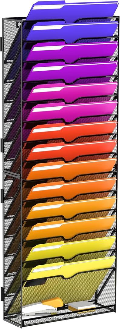 15-Tier Wall File Organizer, Wall File Holder Mesh Mail Organizer for Papers, Folders, Letters, Magazine Rack for Office Home Classroom, Black
