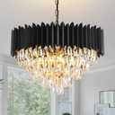 Black Crystal Chandelier 5-Tier Dining Room Chandelier Light fixtures Raindrop Modern Ceiling Pendant Light Fixture for Living Room Foyer Kitchen Island Entryway Round 9 Light W24in (W24 inches)