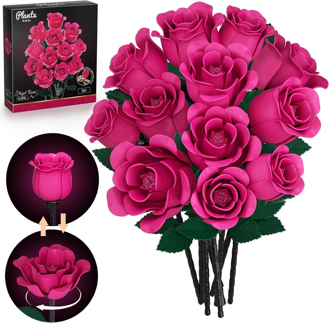 Pink Roses Bouquet Building Set, 12pcs Twisting Bloom Flowers Botanical Collection Blocks for Wedding Decor, Gifts for Wedding & Valentines, Artificial Plants for Adults Women