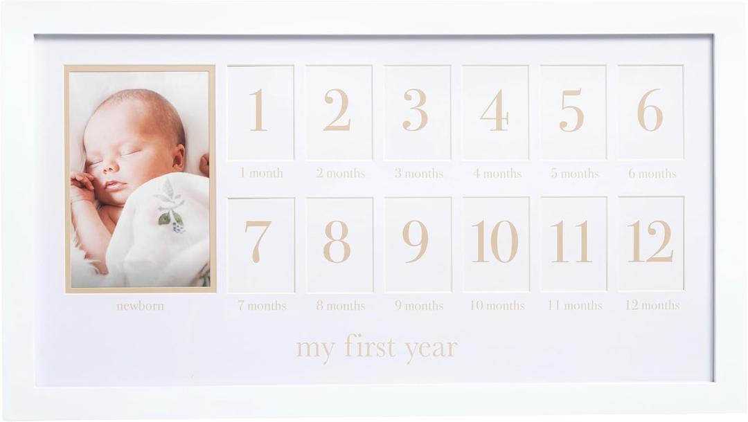 Pearhead My First Year Photo Moments Frame, Baby Monthly Milestone Photo Collage with 13 Inserts, Gender-Neutral Nursery Keepsake, White Frame with Beige Mat
