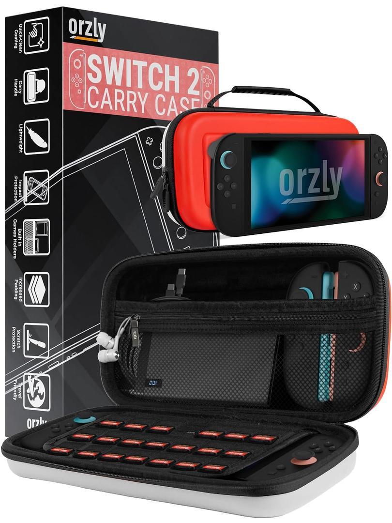 Orzly Case Compatible with Nintendo Switch 2 – Protective Travel Carry Case with Screen Padding, Game Card & microSD Slots, Zipped & Open Pockets for Accessories – 7.9" Gift Boxed