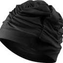 Swim Caps for Women Swimming,1 Pcs Fabric Nylon Cloth Swim Cap, Comfort Pleated Swimming Cap for Long Hair, Not Waterproof Elastic Bathing Caps, Swim Hat Keep Hairstyle Unchanged (Bright Black)