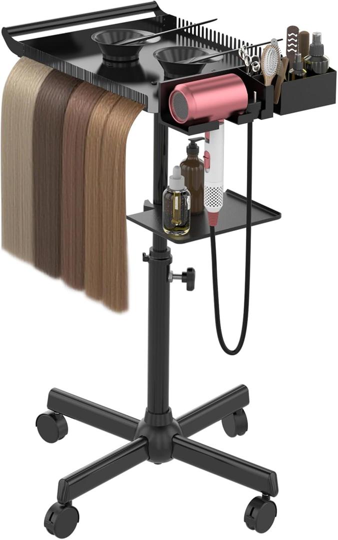 Hairstylist Tray on Wheels, Rolling Salon Tray with Holder and Hair Separator Stand, Salon Trolley Adjustable Tray with Storage Platform Dye Bowls and Tools for Hair Stylist