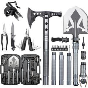 ZENHOSIT Multifunctional Folding Tactical Shovel Hatchet Combo - With Axe, Flashlight, Extension Handles - For Camping, Cycling, Hiking - 19.3-40.9 Inches
