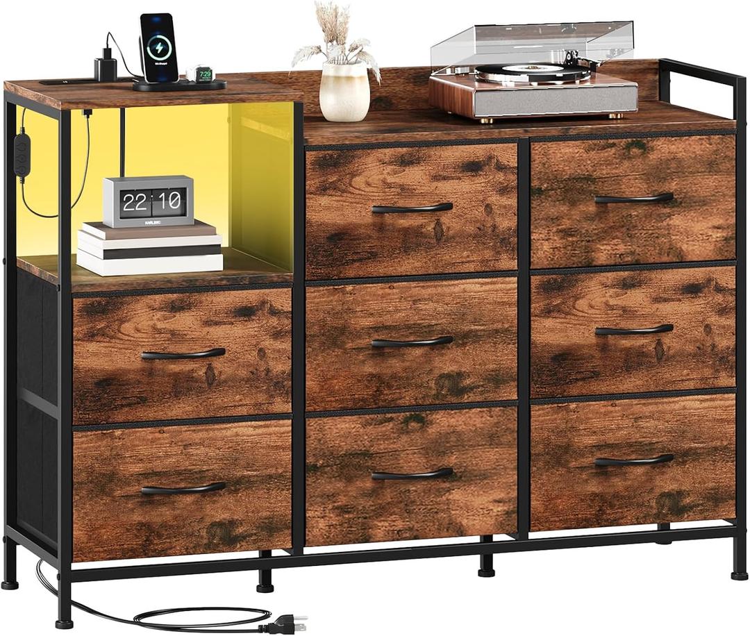 Somdot Dresser with Charging Station and Open Shelves,Dresser for Bedroom with 8 Drawers,Storage Cabinets Organization Units for Living Room,Hallway, Sturdy Metal Frame,Wood Top,Wood Grain Print, 11.4"D x 39"W x 27.8"H