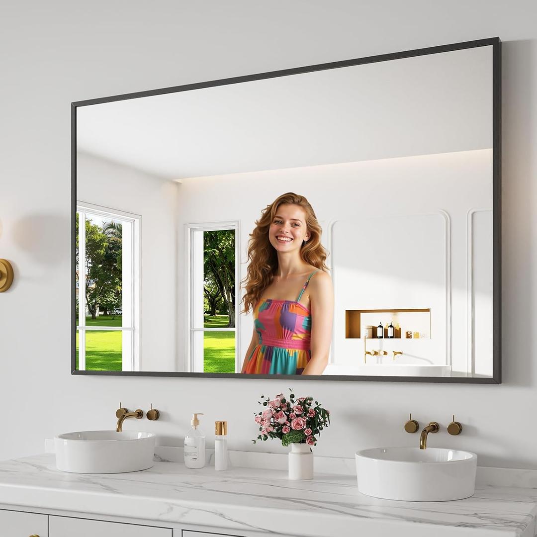 Bathroom Mirror 36"x55" Matte Black Rectangle Bathroom Wall Mirror for Over Sink, Modern Large Vanity Mirror, HD Tempered Glass, Anti-Rust Aluminum Alloy Frame, for Living Room, Bedroom, Entryway