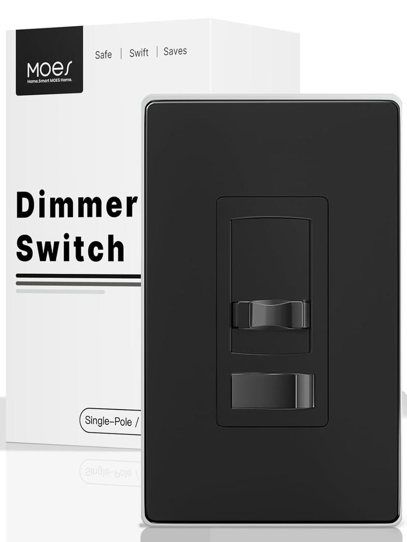 MOES Black Dimmer Light Switch, 3 Way & Single Pole Dimmable for LED, CFL, Incandescent, Halogen, 600Watt Max, ON/Off with Dimming Slide for Bedroom Hallway, No Neutral Wire Required (1 Pack with Wall Plate)