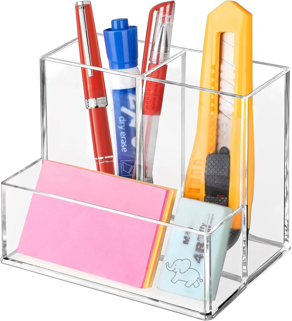 Pen Holder for Desk, Clear Acrylic Pencil Holder for Desk, Marker Holder with 3 Compartments, Pencil Organizer for Home, Office, Classroom, Bathroom Pen Holder for Desk, Clear Acrylic Pencil Holder for Desk, Marker Holder with 3 Compartments, Pencil Organizer for Home, Office, Classroom, Bathroom