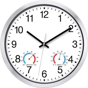 Caysie 12 Inch Sealed Indoor Outdoor Clocks Waterproof with Thermometer and Hygrometer Combo, Silent Battery Operated Quartz Wall Clock for Patio Pool Bathroom Outside Home (Silver)