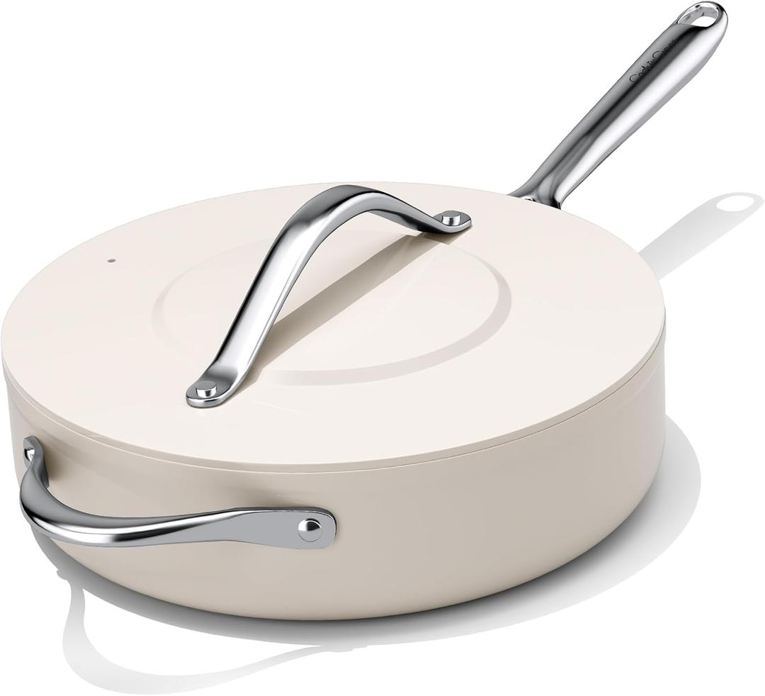 CookinCraze Nonstick Ceramic Saut Pan with Lid (4.5 qt, 11") Deep Frying Pan for All Cooktops Non Toxic Skillet PTFE/PFOA/PFAS Free, Even Heat Distribution, Oven Safe w/Stay-Cool Handle, Cream
