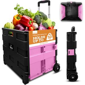 Inspired Living Ultra-Slim Rolling Collapsible Storage Pack-N-Roll Utility-carts, with Telescopic Handle, for Home, Garden, Shopping, Office, School use, Medium, Pink & Black