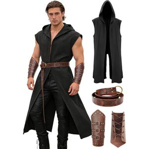 Verceco Mens Renaissance Costume Set Medieval/Renaissance Costume for Men with Hooded Surcoat Leather Belt & Bracers, M
