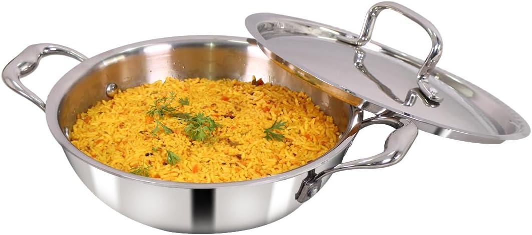 Wonderchef Nigella Tri-ply Stainless Steel 24 cm Kadhai with Lid 2.2 litres 2.6mm Thickness Kadai with Induction Base Compatible with All cooktops, 20 cm Silver