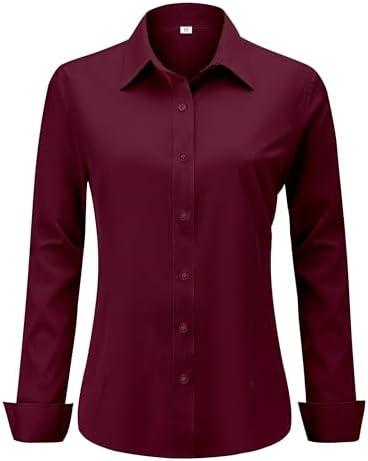 hearain Soft Wrinkle-Free Women's Button Down Dress Shirts Solid Long Sleeve Work Blouses Fit Stretch Casual Tops Size 2XL, Red