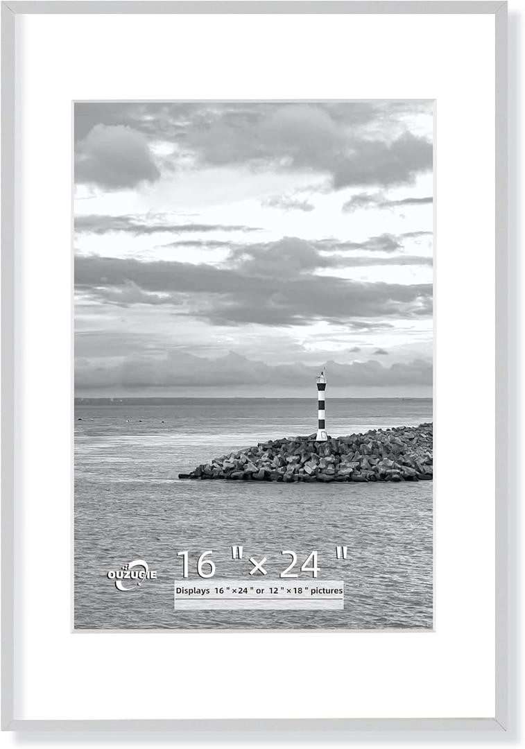 OUZUGIE 16X24 Picture Frame,Display Poster 12X18 With Mat or 16X24 Without Mat,White Aluminum Poster Frames with Premium Acrylic,Photo Frames with Strong Corner Design for Gallery Wall and Tabletop