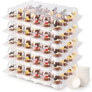 Mini 24 Count Cupcake Containers 15 Pack with 360 Pack Cupcakes Liners, Plastic Cupcake Holder, Stackable Mini Cupcake Boxes Carrier, Clear Disposable Cupcake Trays, High Dome