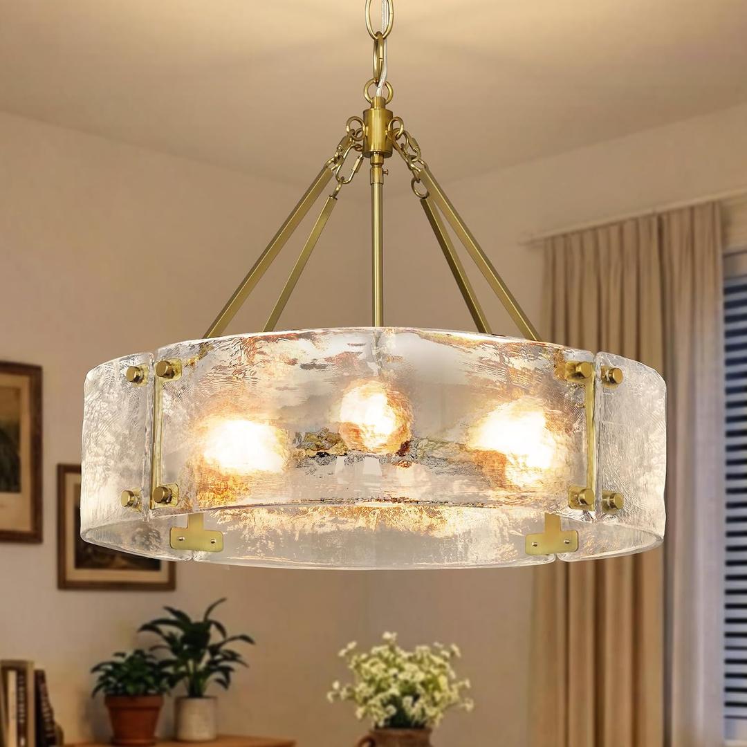 Water Textured Glass Drum Chandelier,21.8" Modern Gold Drum Chandeliers for Dining Room Entryway Chandelier Round Hammered Glass Electroplated Brass Hanging Pendant Light for Foyer Living Room Kitchen