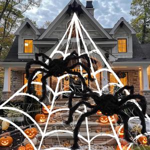 ArtCreativity Giant Spider Halloween Decorations, Includes Two 24" Spiders and a 16.4' Spider Web, Outdoor Spider Web Decoration with 2 Giant Spiders, Outdoor Halloween Decorations for Haunted House