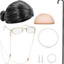 BBTO Old Lady Cosplay Set Grandma Gray Wig for Women Walking Cane Glasses Chain Cords Faux Pearl Bead Necklace