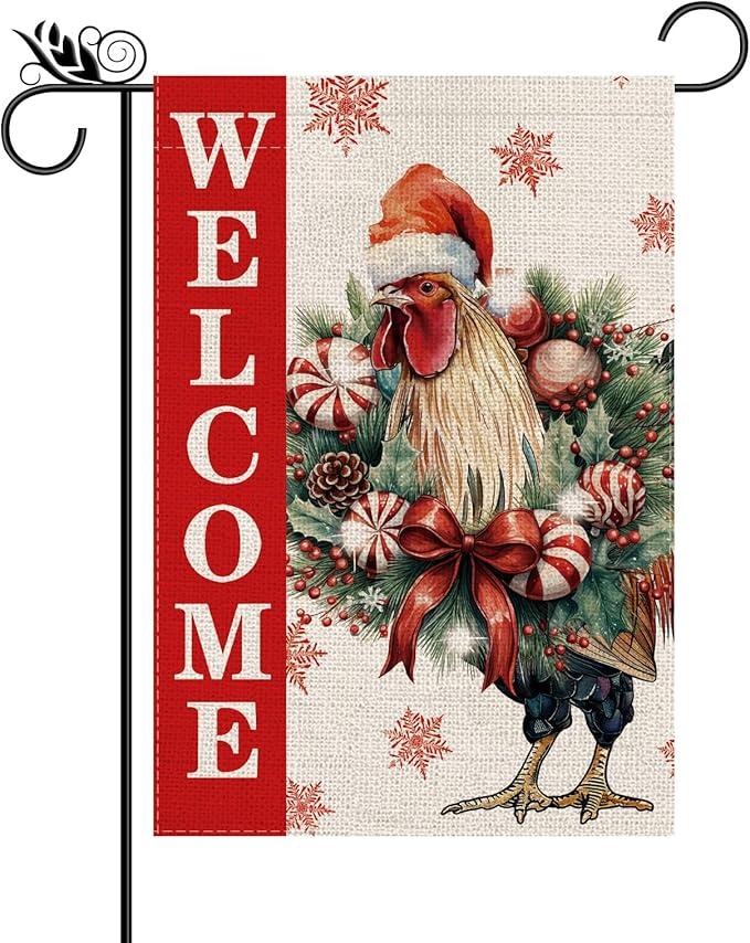 Christmas Garden Flag Welcome Xmas Chicken Winter Holiday Decorations Burlap Vertical Double Sided Farmhouse Yard Lawn Outdoor Decor 3x6 ft 
