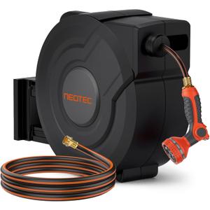 NEOTEC Retractable Garden Hose Reel 1/2 inch x 100ft - Wall Mounted Heavy Duty Hose Reel with 3/4 Inch Brass Fittings & 9-Pattern Nozzle - Auto Rewind System, Any Length Lock, 180° Swivel Bracket