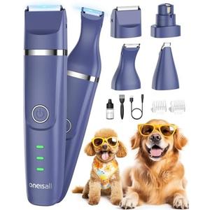 oneisall Dog Clippers & Dog Paw Trimmer 4-in-1 Cordless Grooming Kit: 2-Speed Low Noise Clippers with Rechargeable Quiet Nail Grinder for Dogs & Cats (Blue)