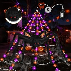 Halloween Spider Web Lights Decoration: 250 LED 16.4Ft Giant Light Up Spider Web Outdoor with 8 Lighting Modes, 5FT Large Spider, Stretch Cobweb for Yard Garden Haunted House Lighted Decor