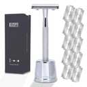 Aluminum Men Safety Razor With Stand and 10 Premium Stainless Steel Safety Razor Blades Reusable Safety Razor For Men and Women, Mens Single Blade Razor, Glossy Silver