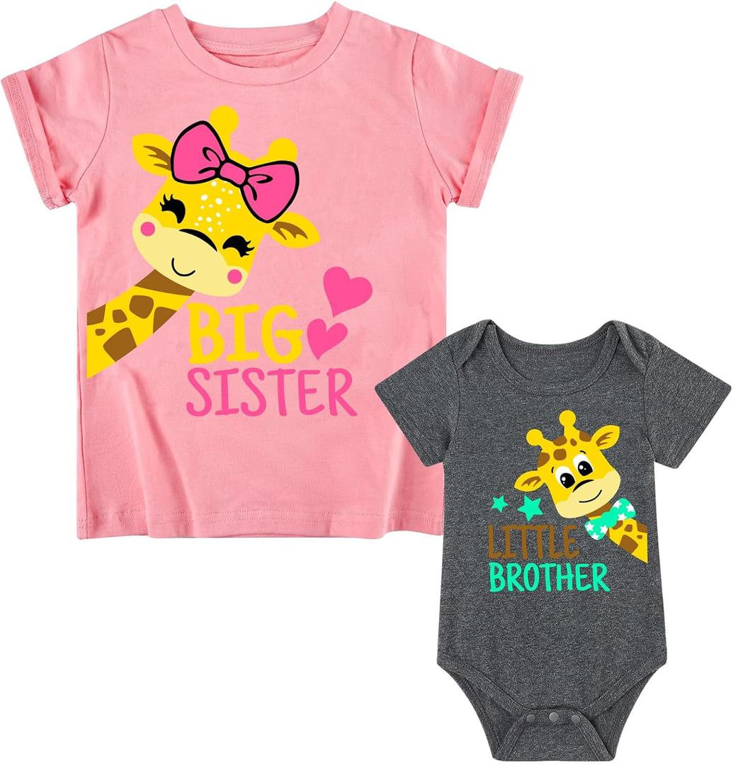 Funnycokid Big Sister Little Brother Matching Outfits Toddler Girl Shirt Newborn Boys Clothes (Kid (3T)/Baby (0-3M), Giraffe Yellow)
