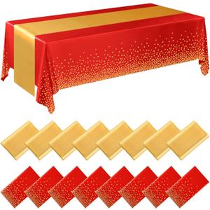 Tudomro 16 Pcs Red and Gold Disposable Plastic Tablecloths and Satin Table Runner Set 54x108 Inch Tablecloth 12x108 Inch Table Runners for New Year Wedding Birthday Baby Shower Graduation