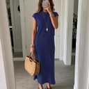 Summer Dresses for Women 2025 Maxi Long Mock Neck Sleeveless Sundress for Beach Church Work Casual HH25502 (L)