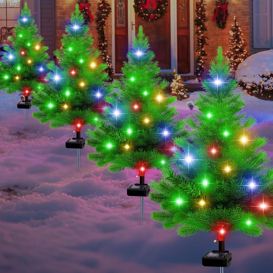 Solar Christmas Tree Lights,4 Pack Multiple Outdoor Christmas Decorations Waterproof Outdoor Xmas Decor, Tree Lights for Pathway, Patio, Yard, Garden