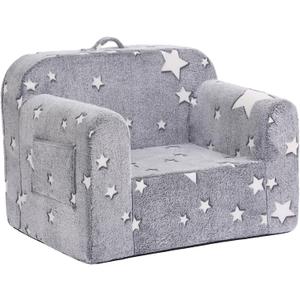 Toddler Chair Plush Kids Couch, Comfy Glow in The Dark Reading Chair with Removable and Washable Cover Carrying Handle Kids Sofa, Convertible Toddler Couch for Playroom Girls and Boys Grey Star