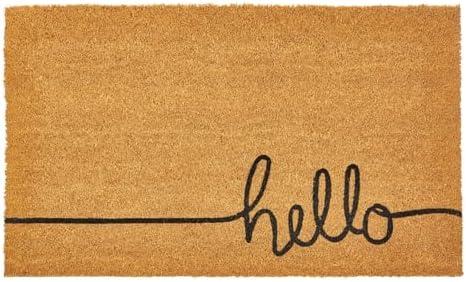mDesign Rectangular Coir and Rubber Entryway Hello Doormat with Natural Fibers for Indoor or Outdoor Use - Script Design Hello Welcome Mat for Door - 22" x 36" - Natural/Black