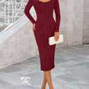 PRETTYGARDEN Womens Spring Dresses 2026 Long Sleeve Square Neck Knit Midi Beach Vacation Clothes Slit Bodycon Long Dress (Red, M)