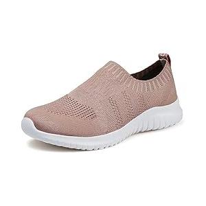 JIAFO Women's Walking Shoes, Laceless Sneakers Womens Running Shoes, Slip On Walking Shoes Womens, Casual Athletic Breathable Lightweight Comfortable Mesh Knit, B/Apricot (Size 37.5）