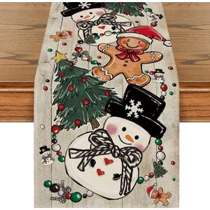 Artoid Mode Wood Snowman Gingerbread Xmas Pine Merry Christmas Table Runner, Seasonal Winter Kitchen Dining Table Decoration for Home Party Decor 13x72 Inch