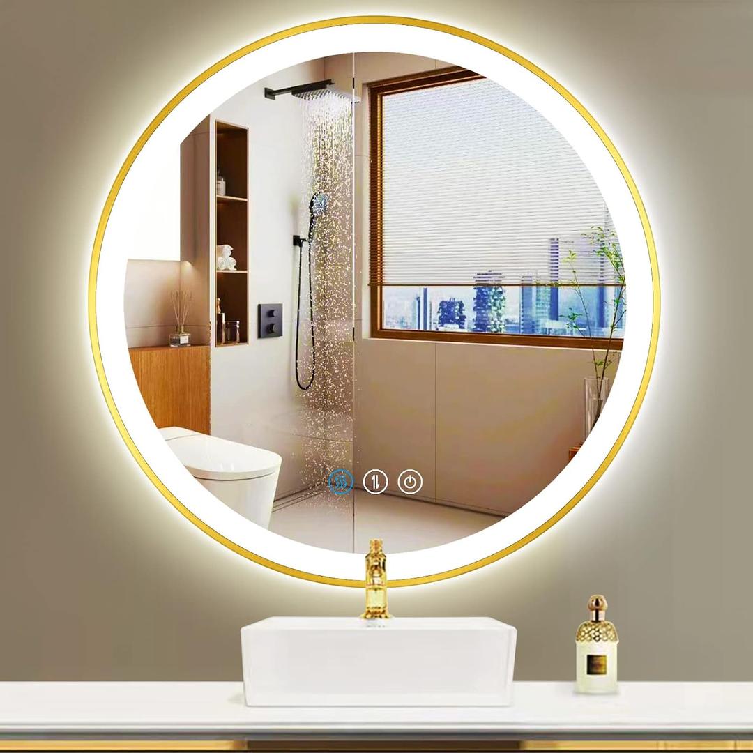 THEKLA 24 inch Gold LED Round Mirror with Front Lights Smart Memory 3 Color Dimmable Anti-Fog Gold Frame Round Lighted Vanity Mirror for Bathroom Wall 24" Golden Framed Rounds Circle Light up Mirrors