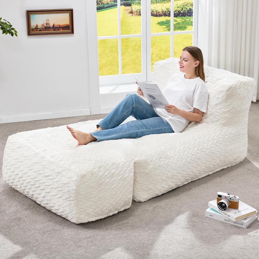 Hobestluk Bean Bag Chair Big Bean Bag Lounger for Adults Bean Bag Couch with Memory Foam Filled for Living Room, Bedroom or Balcony (Chevron Plush White), Large