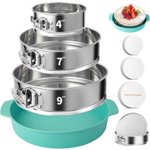4, 7, 9 Inches Springform Pan Set of 3304 Stainless Steel Nonstick Springform Cake Pan Set with Removable Bottom, 10 Inch Leakproof Silicone Cheesecake Pan Protector with 60 Pcs Parchment Paper