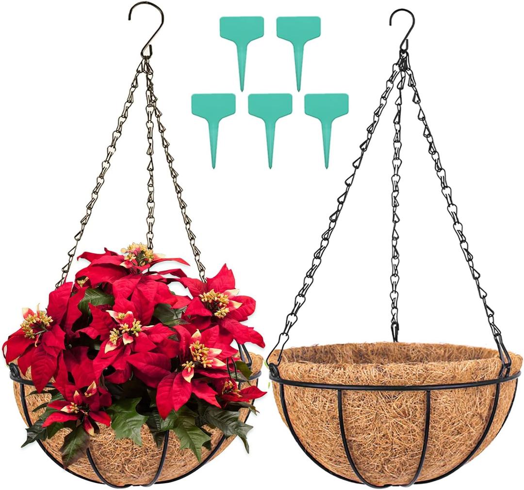 Wizdar 2PCS Metal Hanging Planters Basket with Coco Coir Liner 16 Inch Round Wire Plant Holder Porch Decor Flower Pot Hanger Garden Decor Watering Hanging Baskets