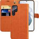 MONASAY Wallet Case Compatible for Galaxy S22 Ultra 5G, 6.8 inch [Included Screen Protector][RFID Blocking] Flip Folio Leather Cell Phone Cover with Credit Card Holder, Kumquat