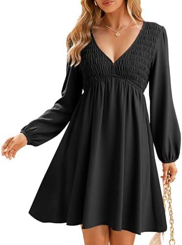 BerryGo Women's Casual Long Sleeve Babydoll Flowy Dress V Neck Swing Party Mini Dress with Pocket for Summer Beach 2025. Size M
