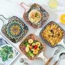 Ceramic Salad Square Plates With One Handle, 9.2in Boho Serving Plates Set Of 4 For Appetizer, Cereal, Oatmeal, Dessert, Pasta, Dishwasher And Microwave & Oven Safe, Present & Party, Colorful
