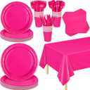 ADXCO 169 Pieces Hot Pink Party Supplies Include Paper Plates Cups Napkins Forks Knives Spoons Waterproof Tablecloth Complete Tableware for Party Decorations